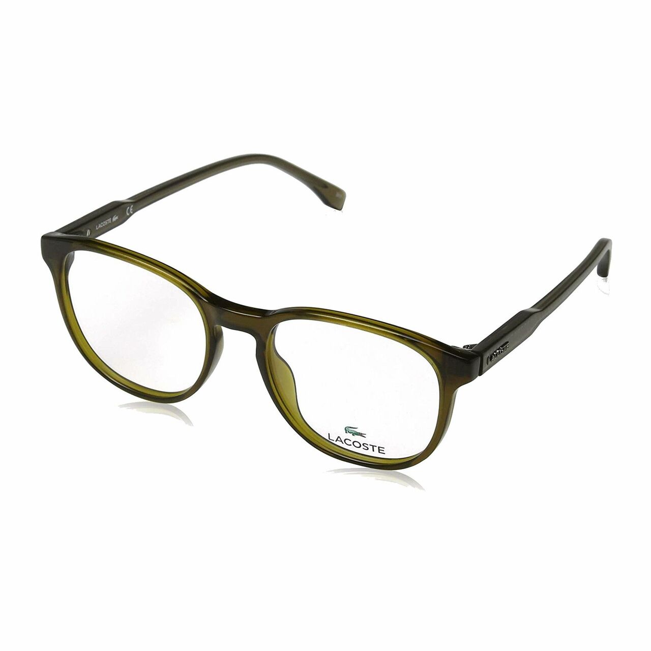 Lacoste L2811-318 shiny green square unisex plastic eyeglasses displayed elegantly with a stylish case.