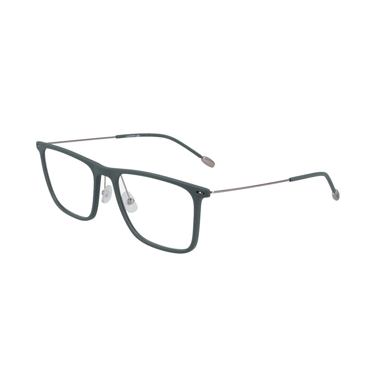 Lacoste L2829-035 Grey Square Men's Acetate Eyeglasses displayed with a stylish case and paperwork.