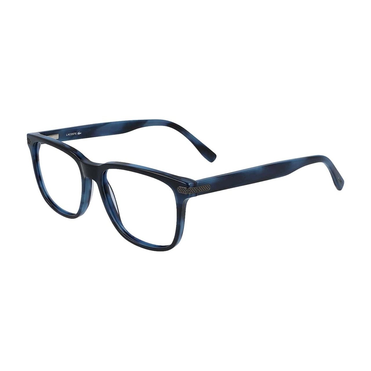 Lacoste L2840-424 Striped Blue Square Men's Acetate Eyeglasses showcasing a stylish striped blue frame and square lens design.