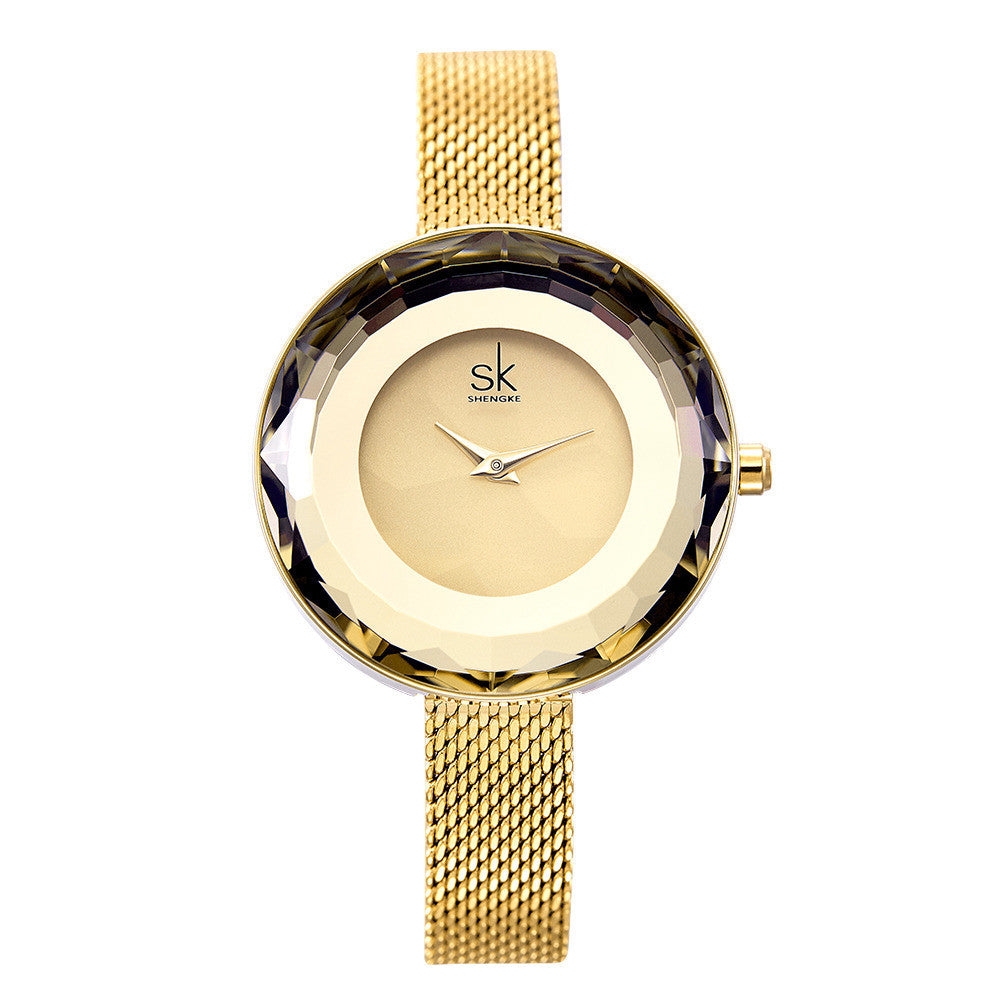 Lady's Special Pattern Glass Mesh Belt Quartz Watch with a stylish design and stainless steel buckle, showcasing its elegant pattern.
