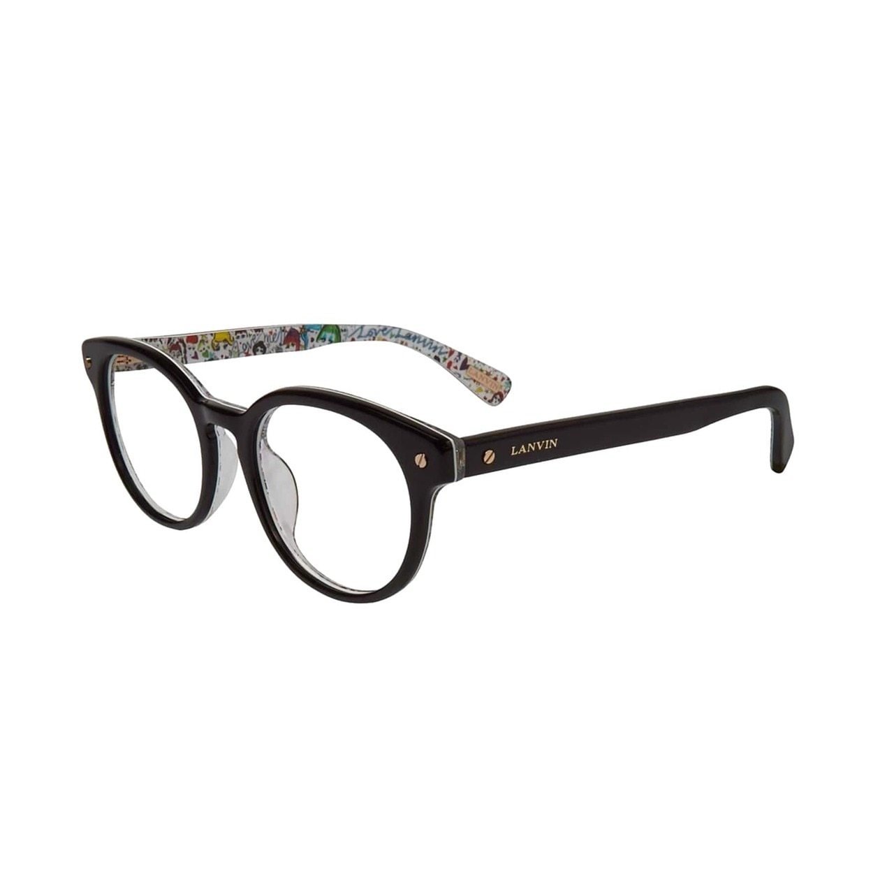 Stylish Lanvin VLN 679V-0APA Shiny Black Pattern Round Women's Acetate Eyeglasses with a full-rim design, perfect for modern women.