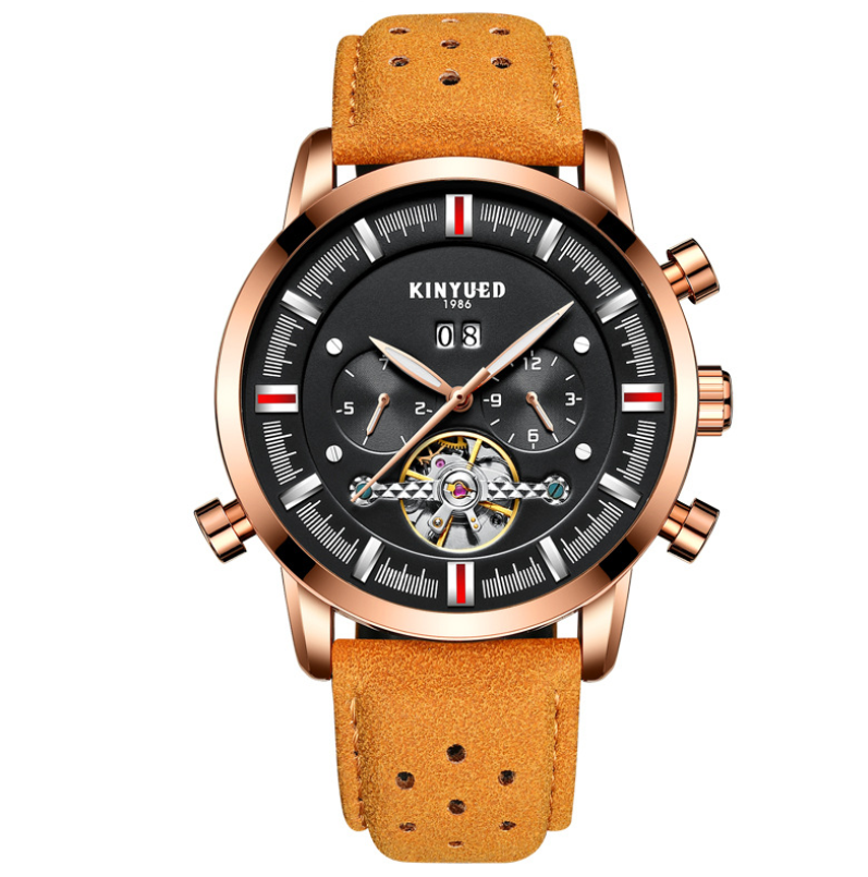 A stylish leather strap watch for men featuring a large 42mm dial, stainless steel pin buckle, and mineral tempered glass mirror.