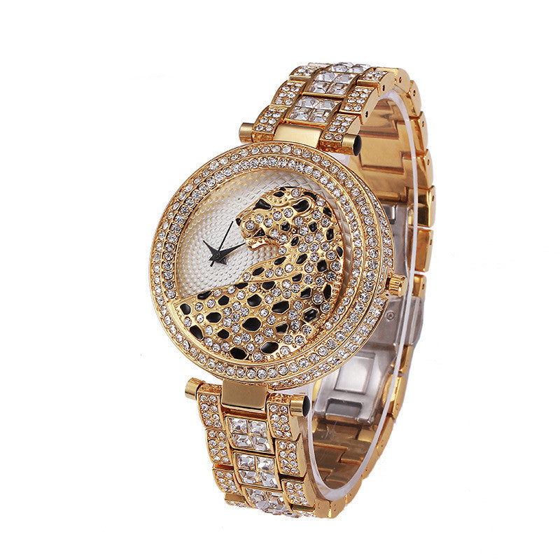 Leopard Diamond Steel Band Waterproof Quartz Watch featuring a diamond display, alloy strap, and round dial design.