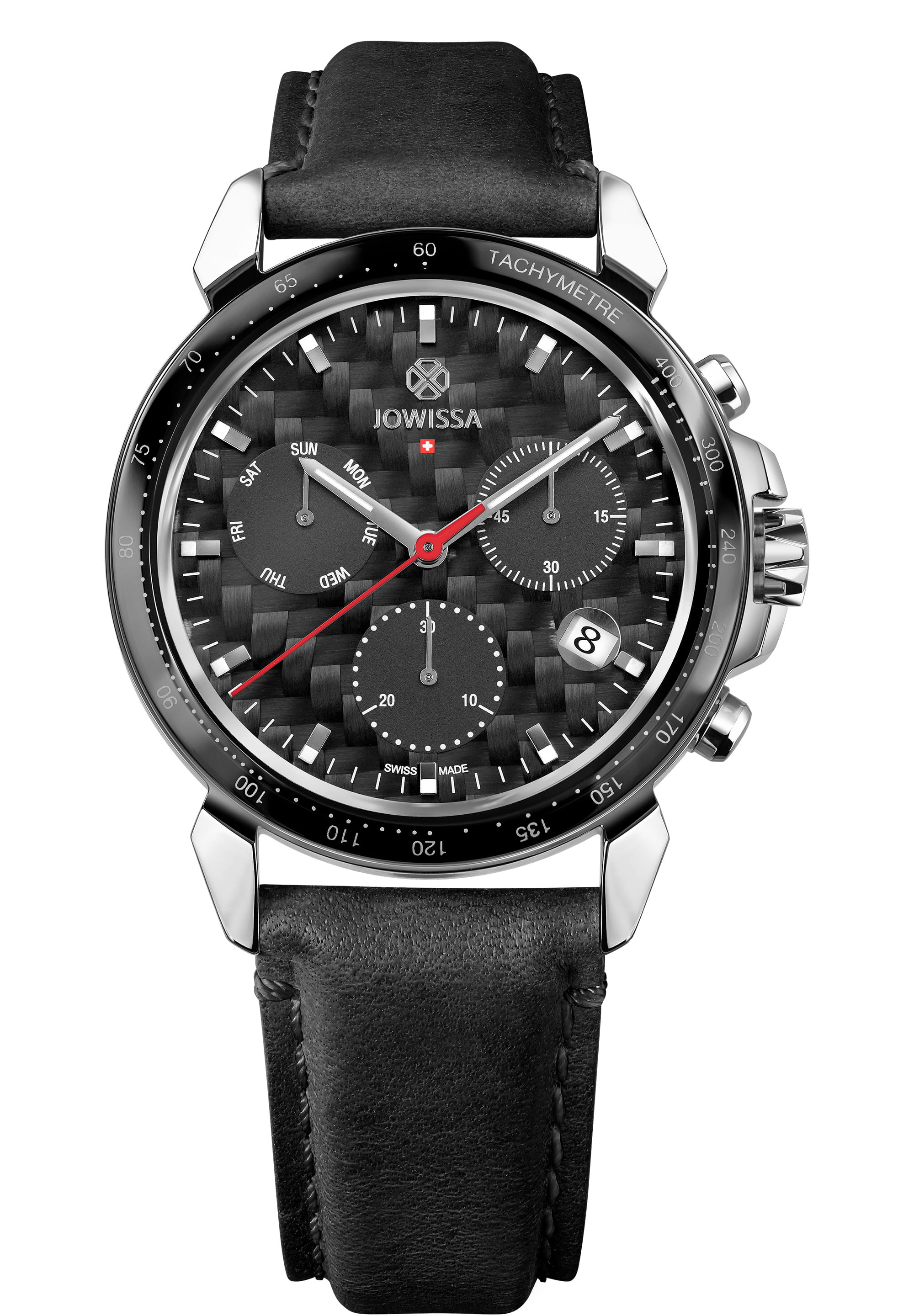 LeWy 18 Swiss Men's Watch J7.115.L featuring a black carbon dial, stainless steel case, and premium leather strap.