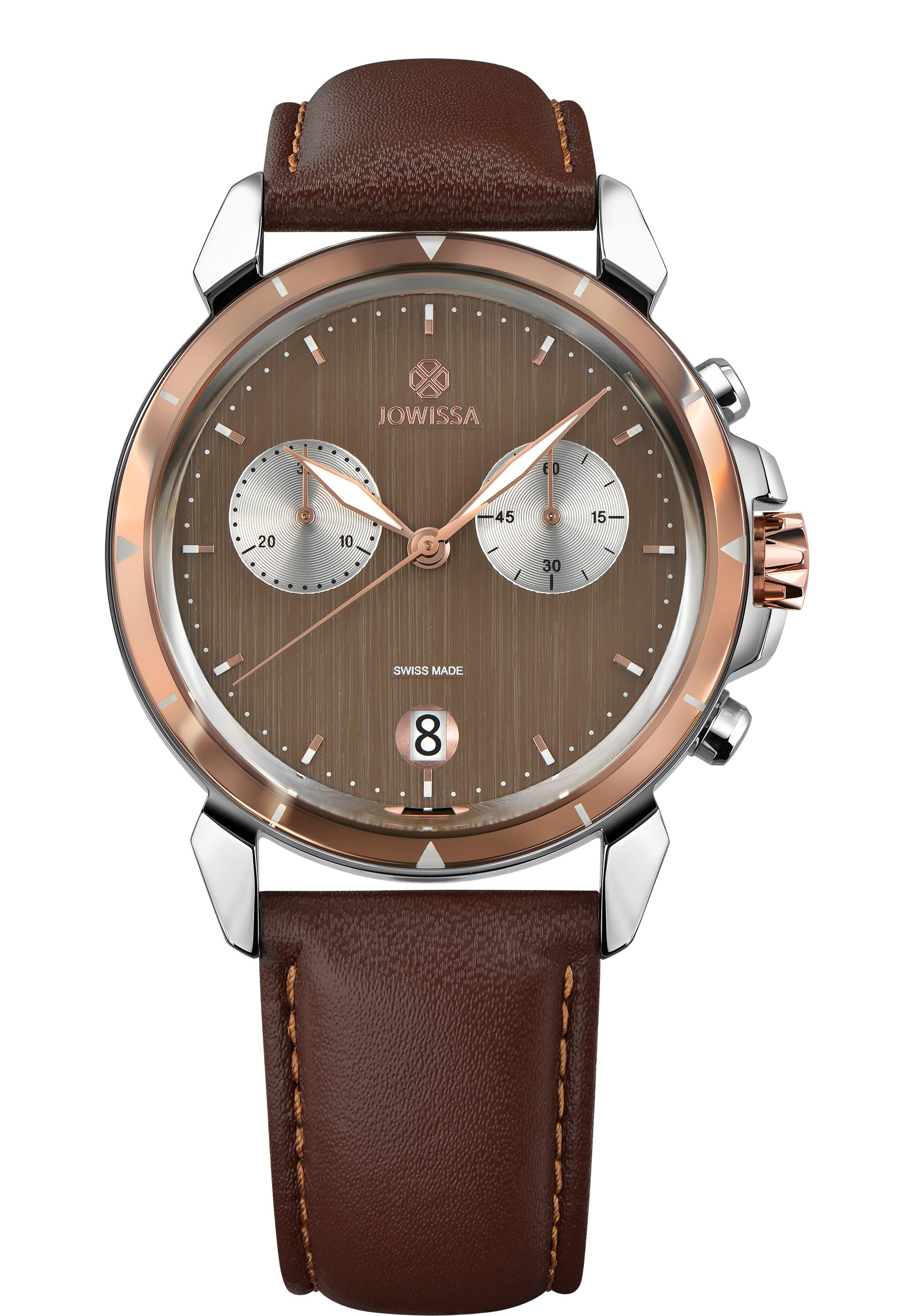 LeWy 6 Swiss Men's Watch J7.016.L featuring a brown dial, silver sub-dials, and a genuine leather strap.