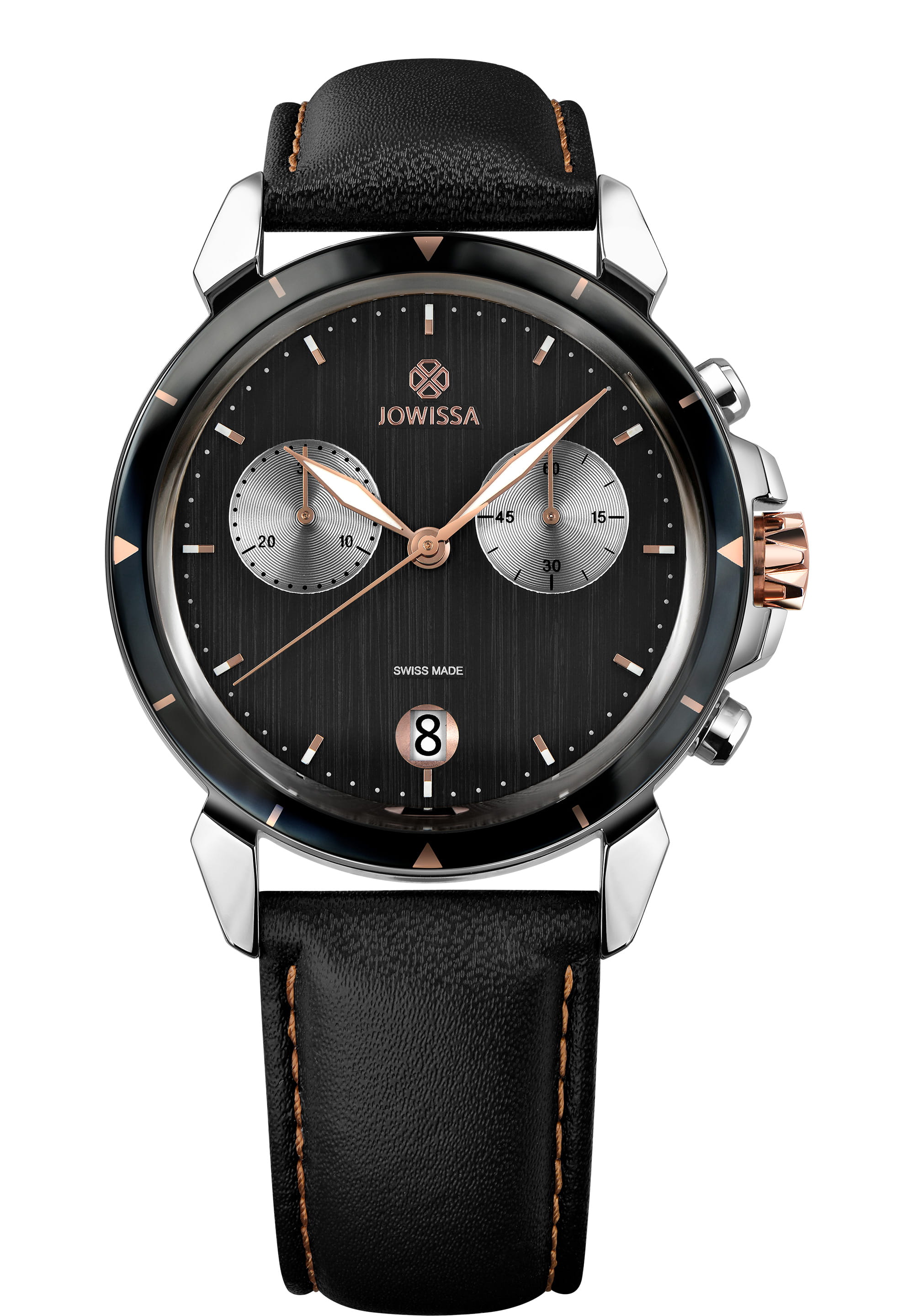 LeWy 6 Swiss Men's Watch J7.019.L featuring a sleek black dial, silver sub-dials, and a crocodile leather strap.