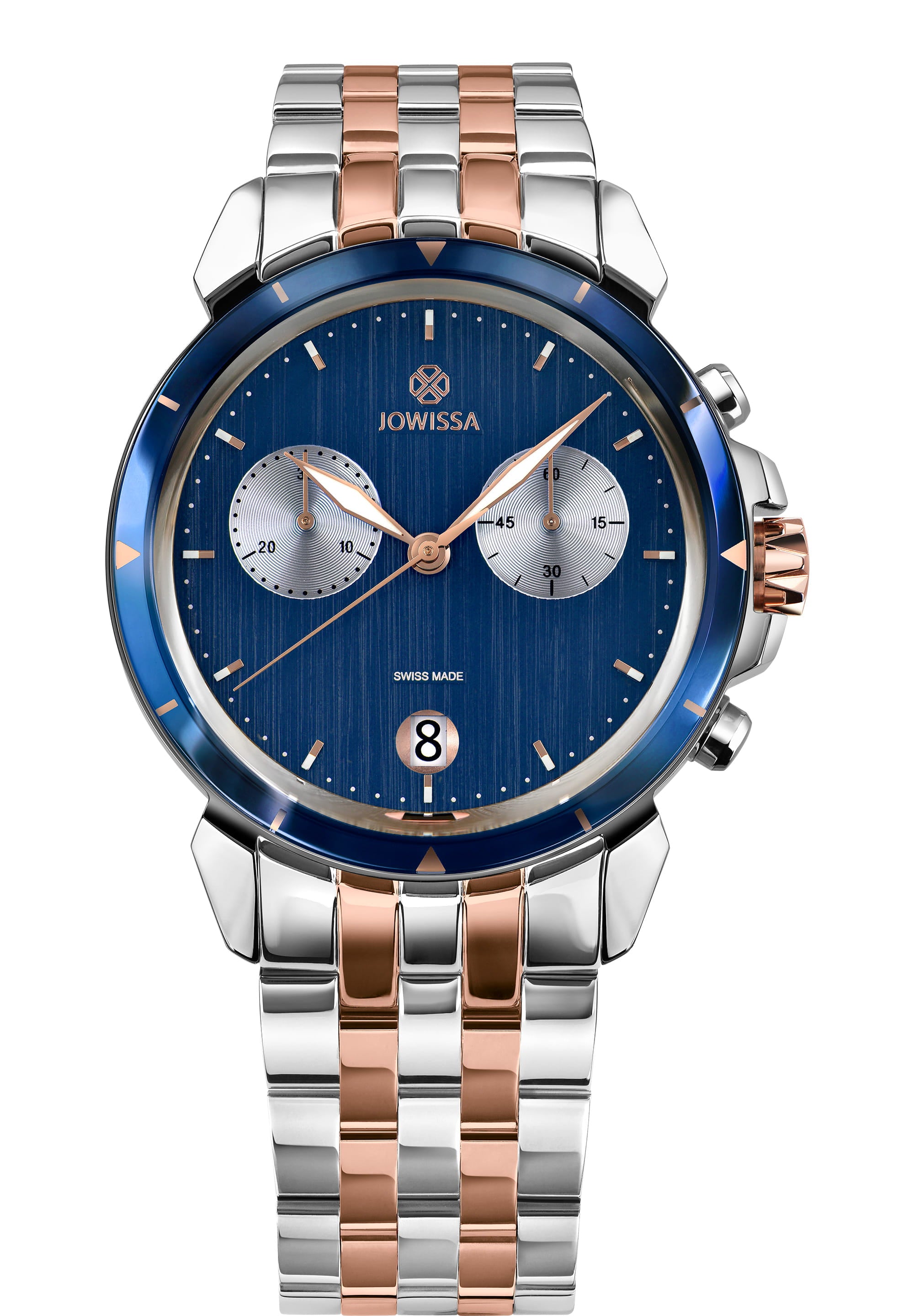 LeWy 6 Swiss Men's Watch J7.022.L featuring a blue dial, stainless steel case, and polished bezel, showcasing its chronograph functionality.