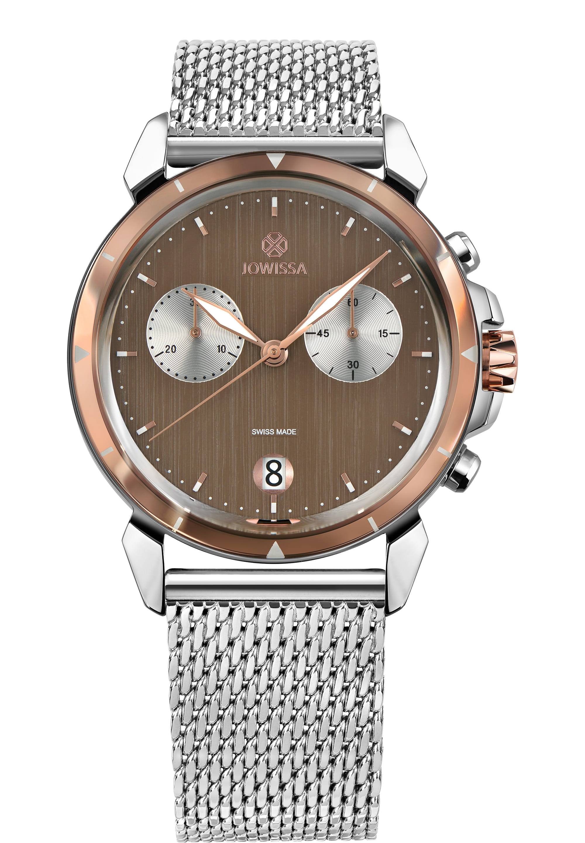 LeWy 6 Swiss Men's Watch J7.140.L featuring a chestnut-brown dial, rose-gold hands, and a stainless steel mesh band.