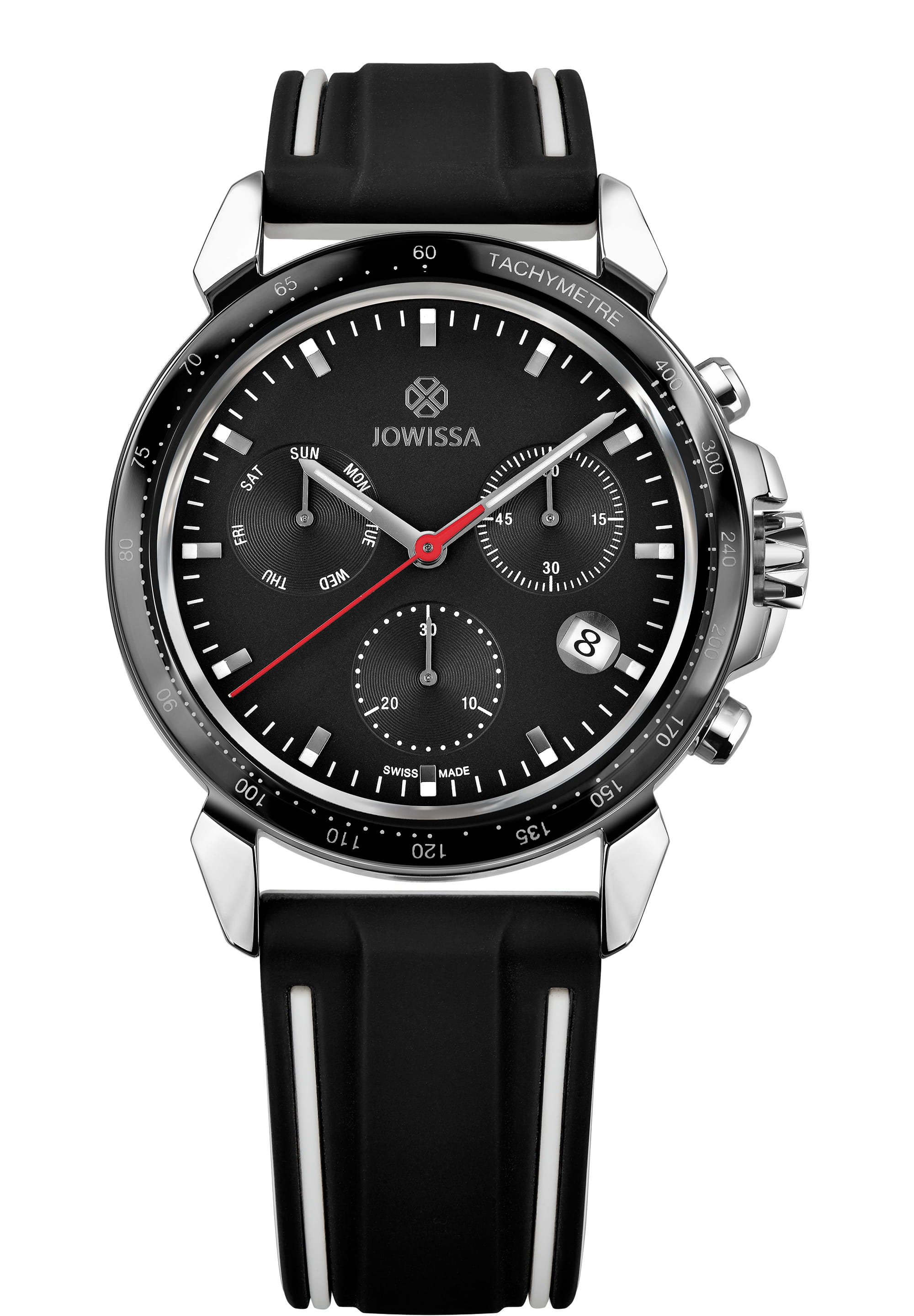 LeWy 9 Swiss Men's Watch J7.107.L featuring a black dial, silver indices, and a black silicone strap with white piping.