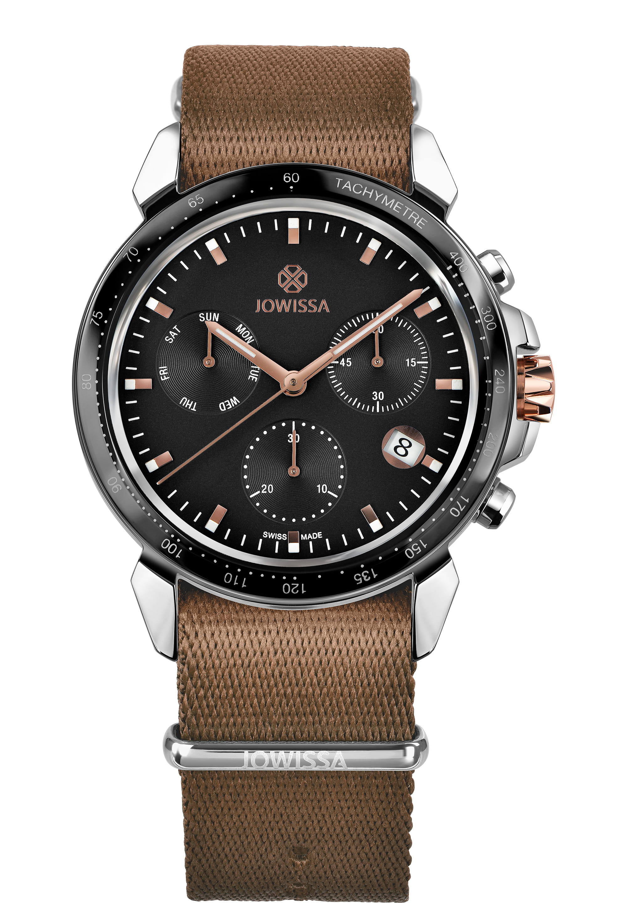 LeWy 9 Swiss Men's Watch J7.132.L featuring a black dial, rose-gold stainless steel case, and woodland brown NATO strap.