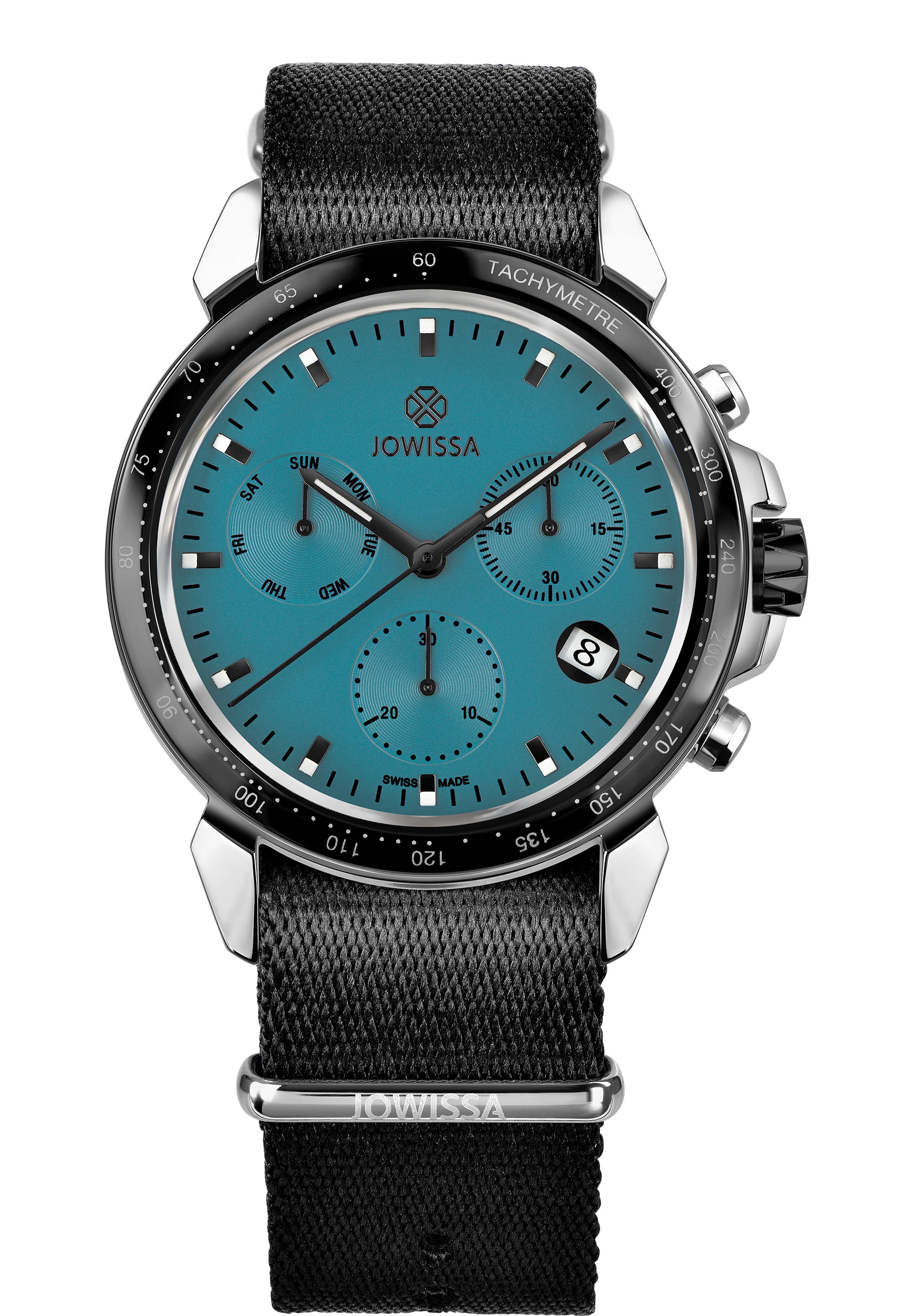 LeWy 9 Swiss Men's Watch J7.136.L featuring a teal dial, stainless steel case, and black NATO strap, showcasing its contemporary design.