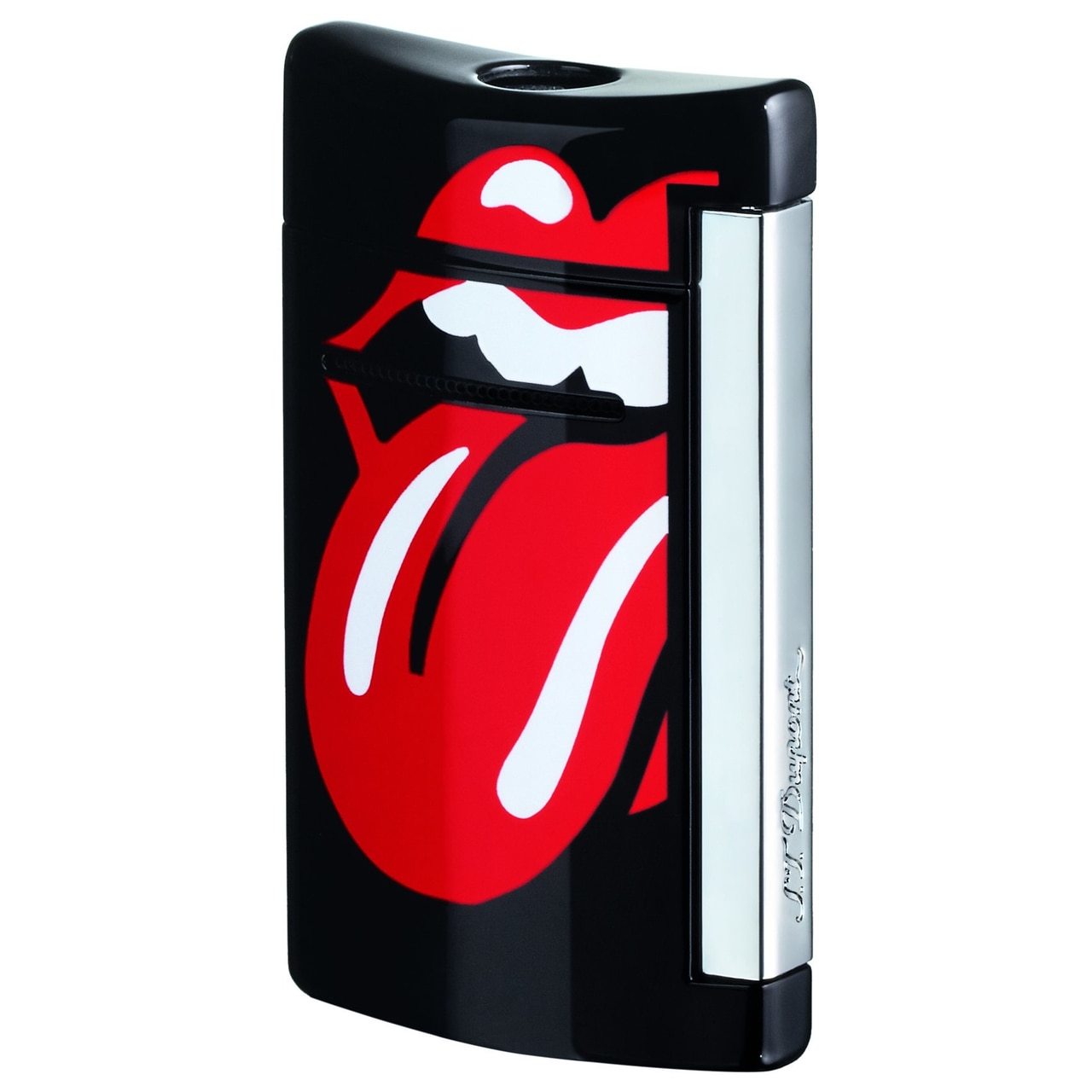 Limited Edition S.T. Dupont Rolling Stones Minijet Lighter in black and red featuring the iconic tongue and lips logo.