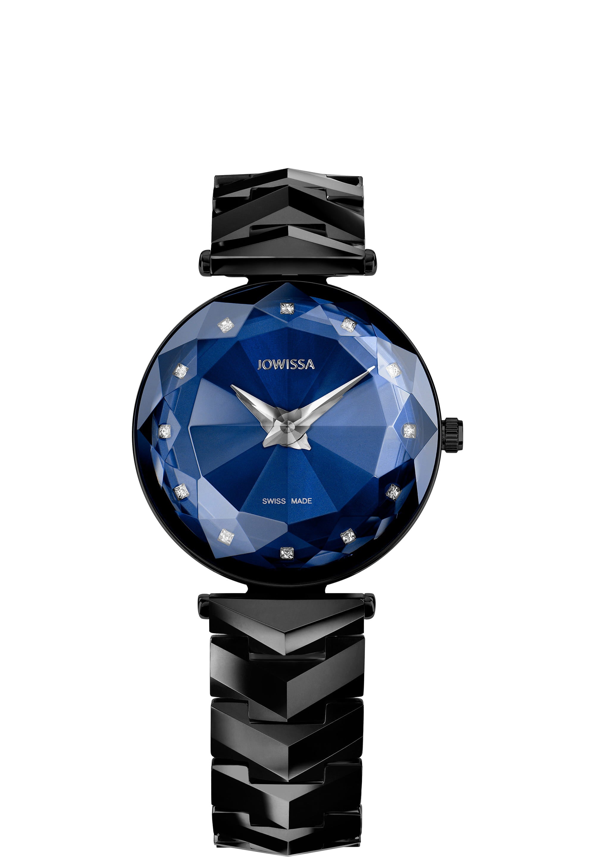 Magic Sapphire Swiss Ladies Watch J1.807.M featuring a deep blue dial and black ceramic bracelet, showcasing elegance and luxury.