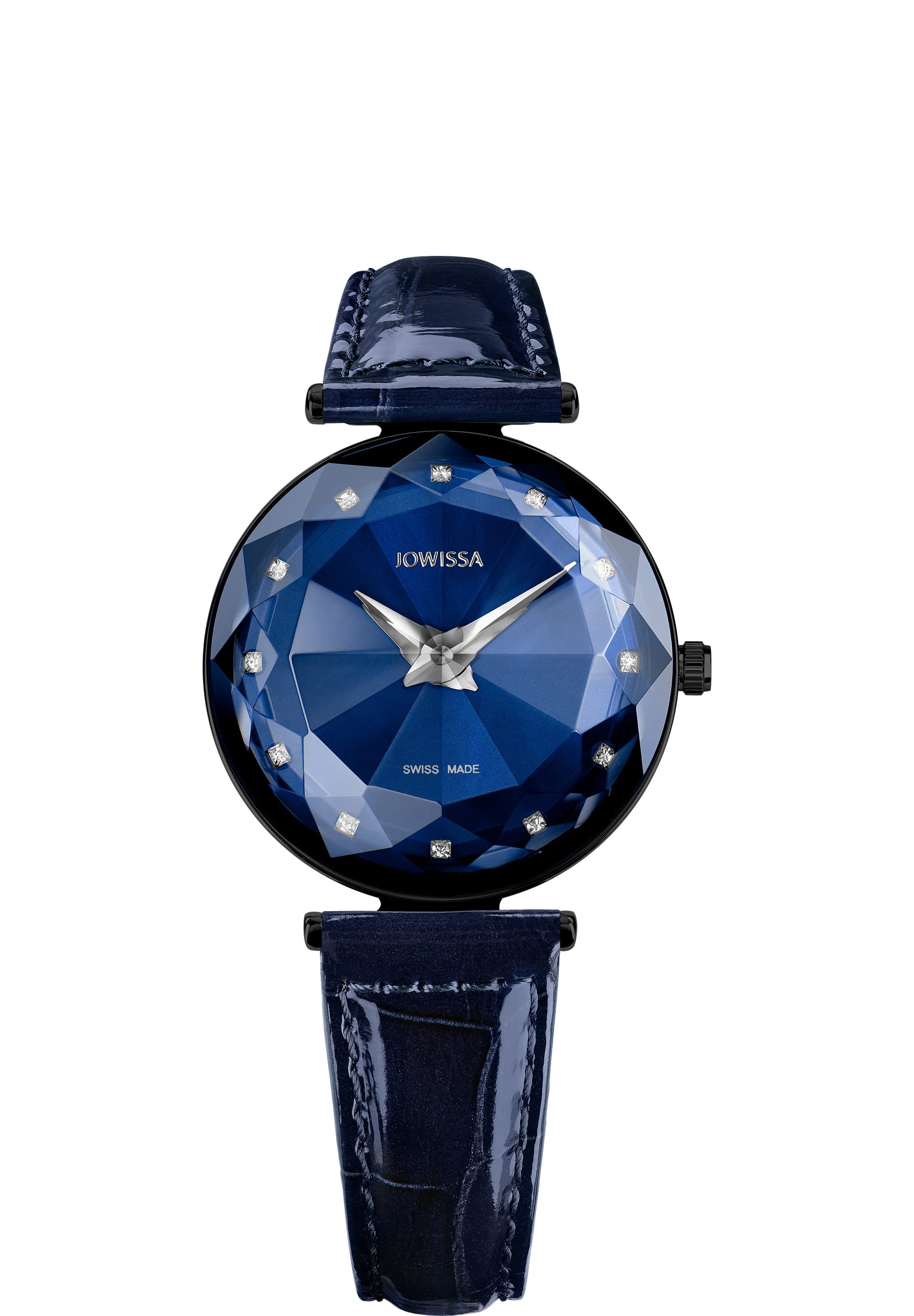 Magic Sapphire Swiss Ladies Watch J1.816.M with blue dial, rhinestones, and black leather strap, showcasing elegance and luxury.