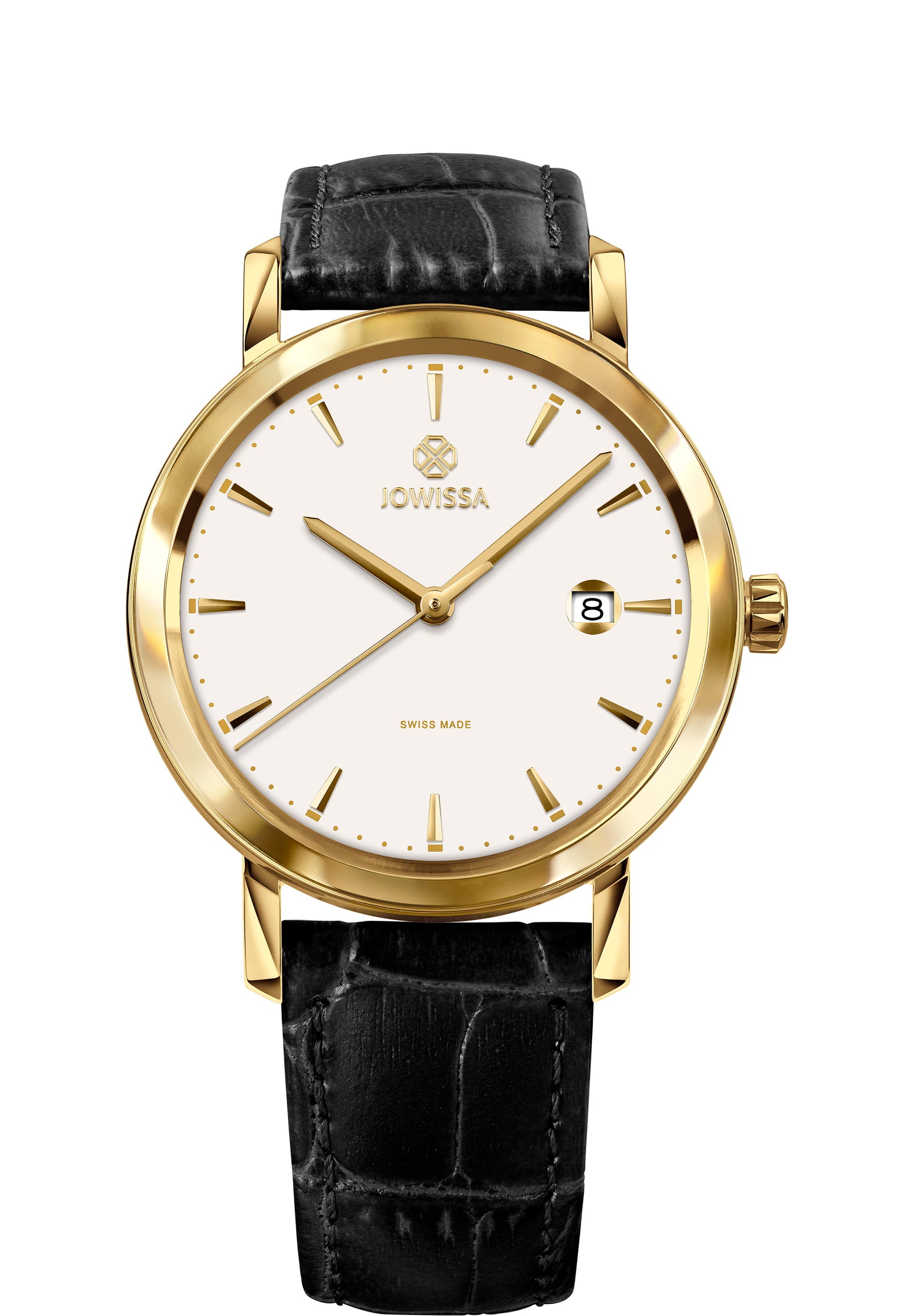 Magno Swiss Men's Watch J4.542.L featuring a gold and white design with a black leather strap, showcasing a sunray white dial and stainless steel case.