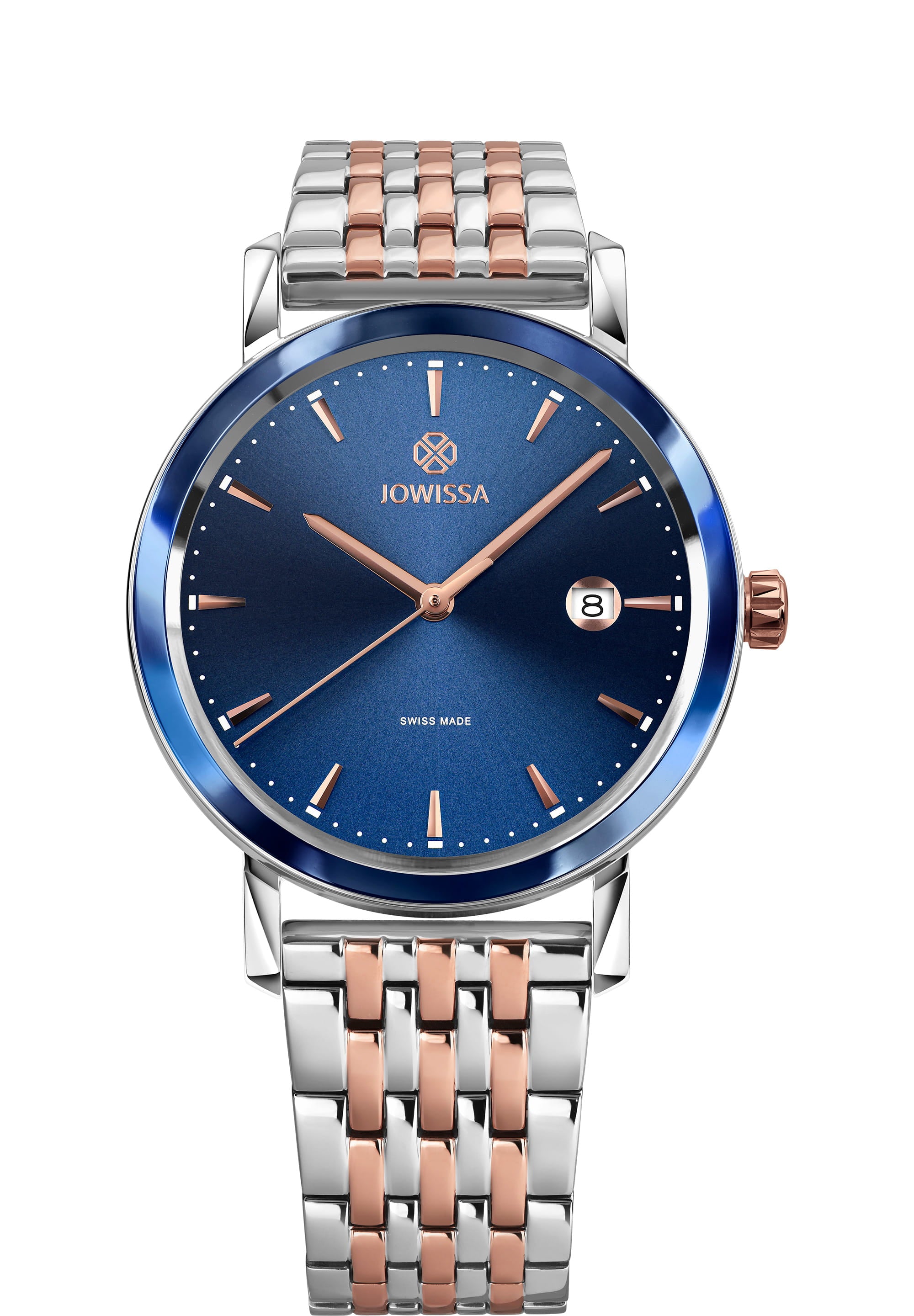 Magno Swiss Men's Watch J4.543.L featuring a navy blue sunray dial and bi-color stainless steel bracelet, showcasing luxury and elegance.