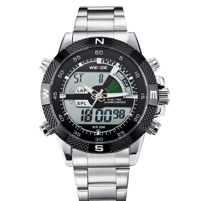 Male Multi-function LCD Alarm Clock Quartz Watch with stainless steel bracelet and round dial, showcasing its features and design.