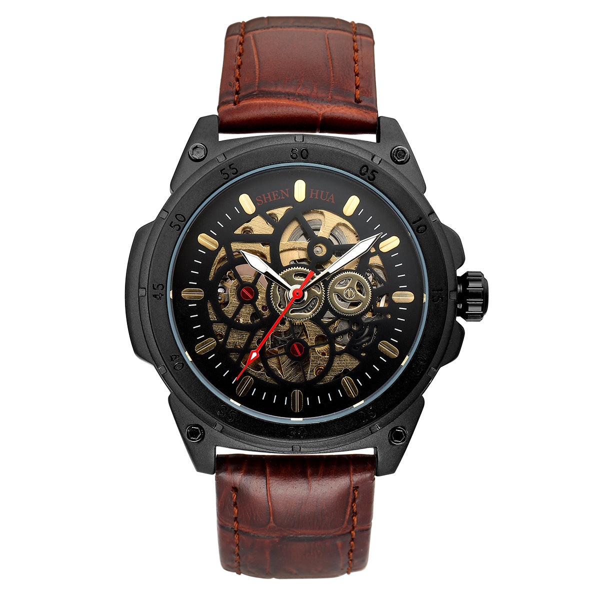 Men's Fashion Casual Hollow Retro Automatic Mechanical Watch featuring a hollow design, stainless steel buckle, and imitation leather strap.