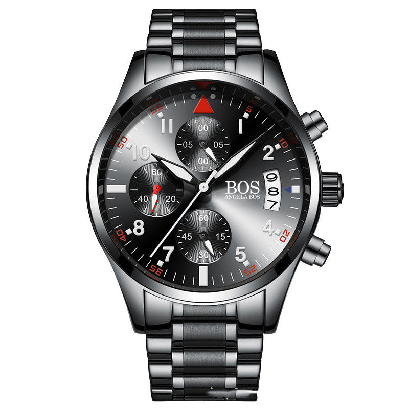 Men's Fashion Quartz Watch featuring a luminous display, calendar function, and stainless steel strap, designed for business and casual wear.