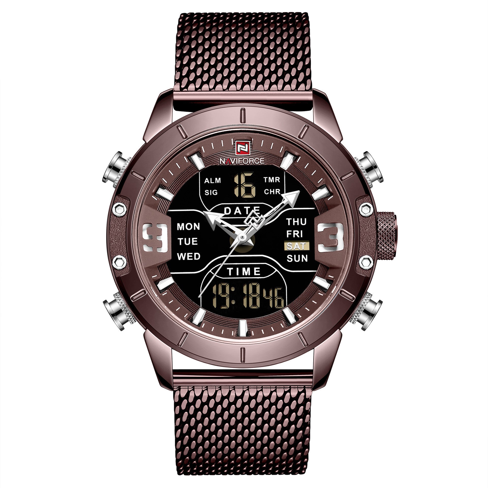 Men's Multi-function Waterproof Sports Quartz Watch featuring a stainless steel strap and a round dial with pointer and number display.