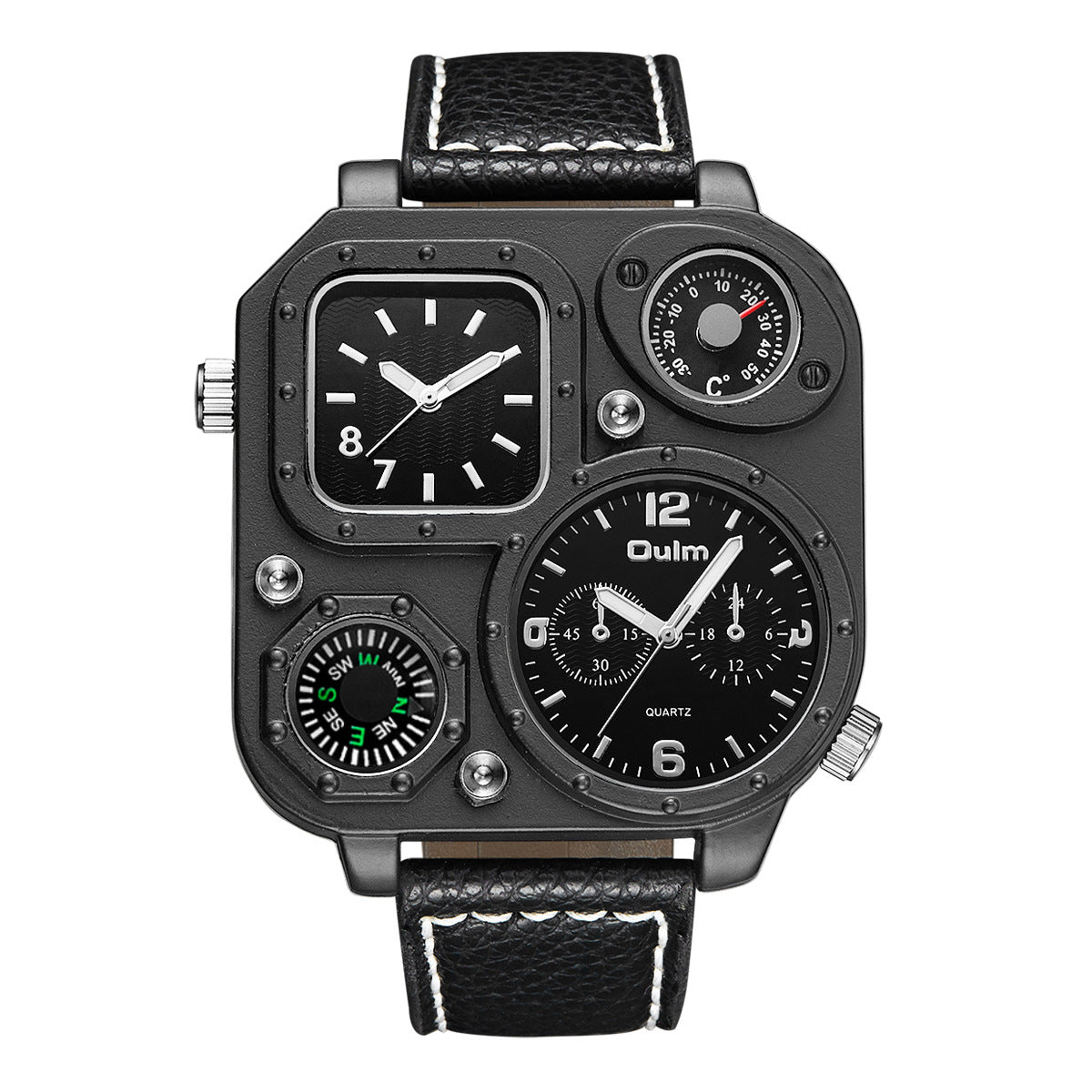 Men's Multifunctional Sports Square Punk Dual Display Watch featuring a square dial, leather strap, and stainless steel buckle.