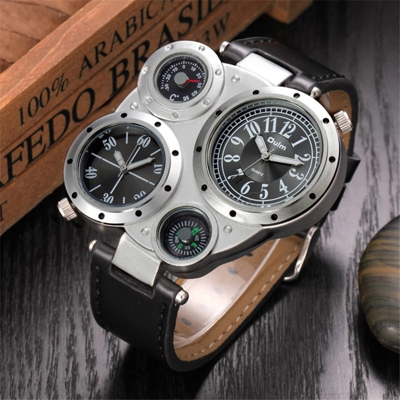 Men's quartz watch featuring a compass and dual time zone display, with a leather strap and alloy buckle.