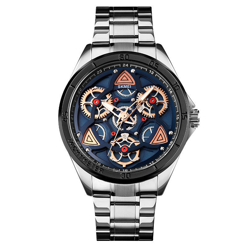 Men's Steel Band Creative Mechanical Wind Quartz Watch featuring three rotatable dials and a stylish zinc alloy case.