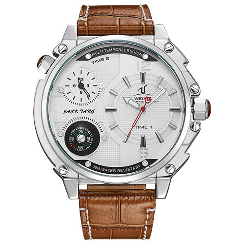 Men's waterproof quartz watch featuring a compass, leather strap, and large round dial, designed for outdoor adventures.