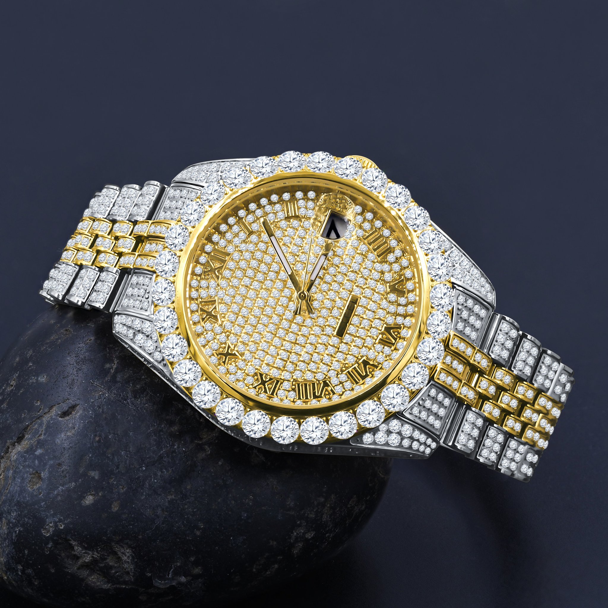 METEORITE Steel Watch featuring a fully iced design with cubic zircon stones, stainless steel construction, and adjustable links.