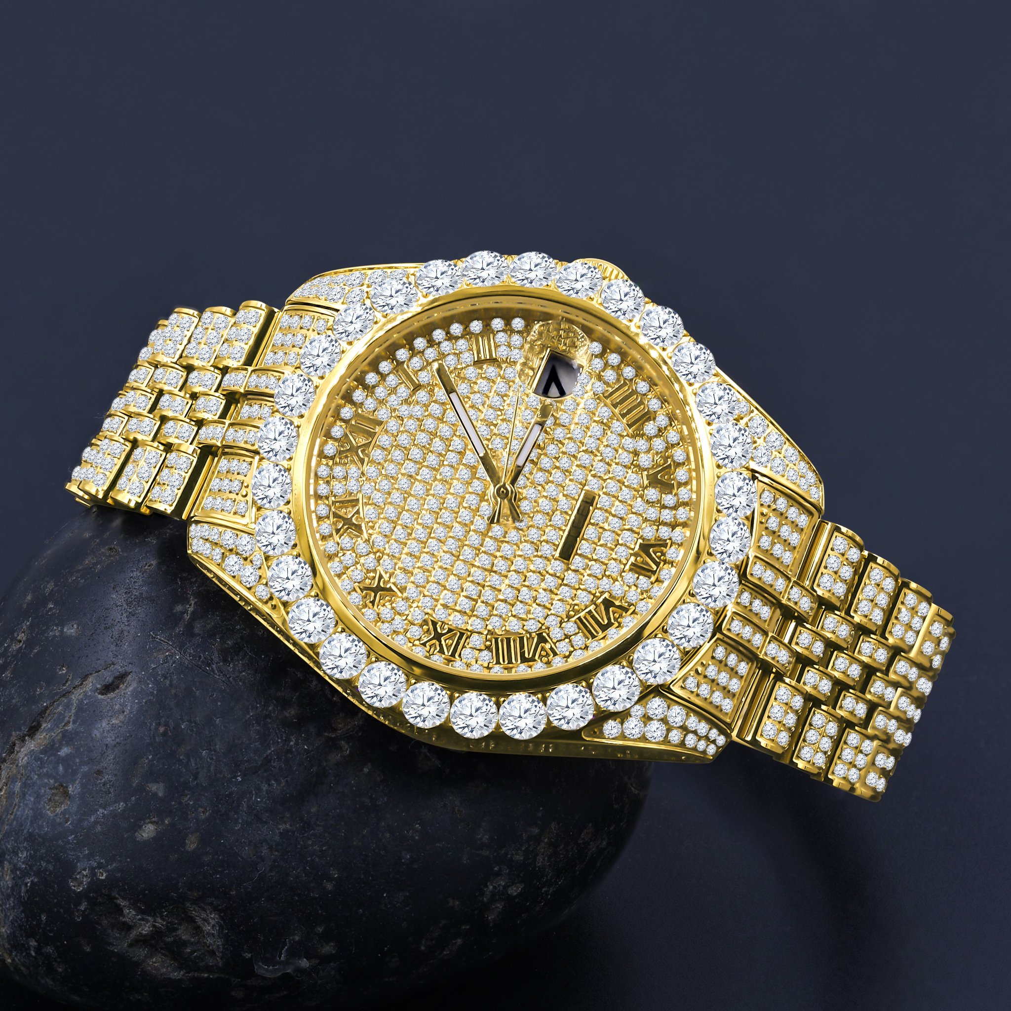 METEORITE Steel Watch featuring cubic zircon stones, stainless steel body, and fully iced design.