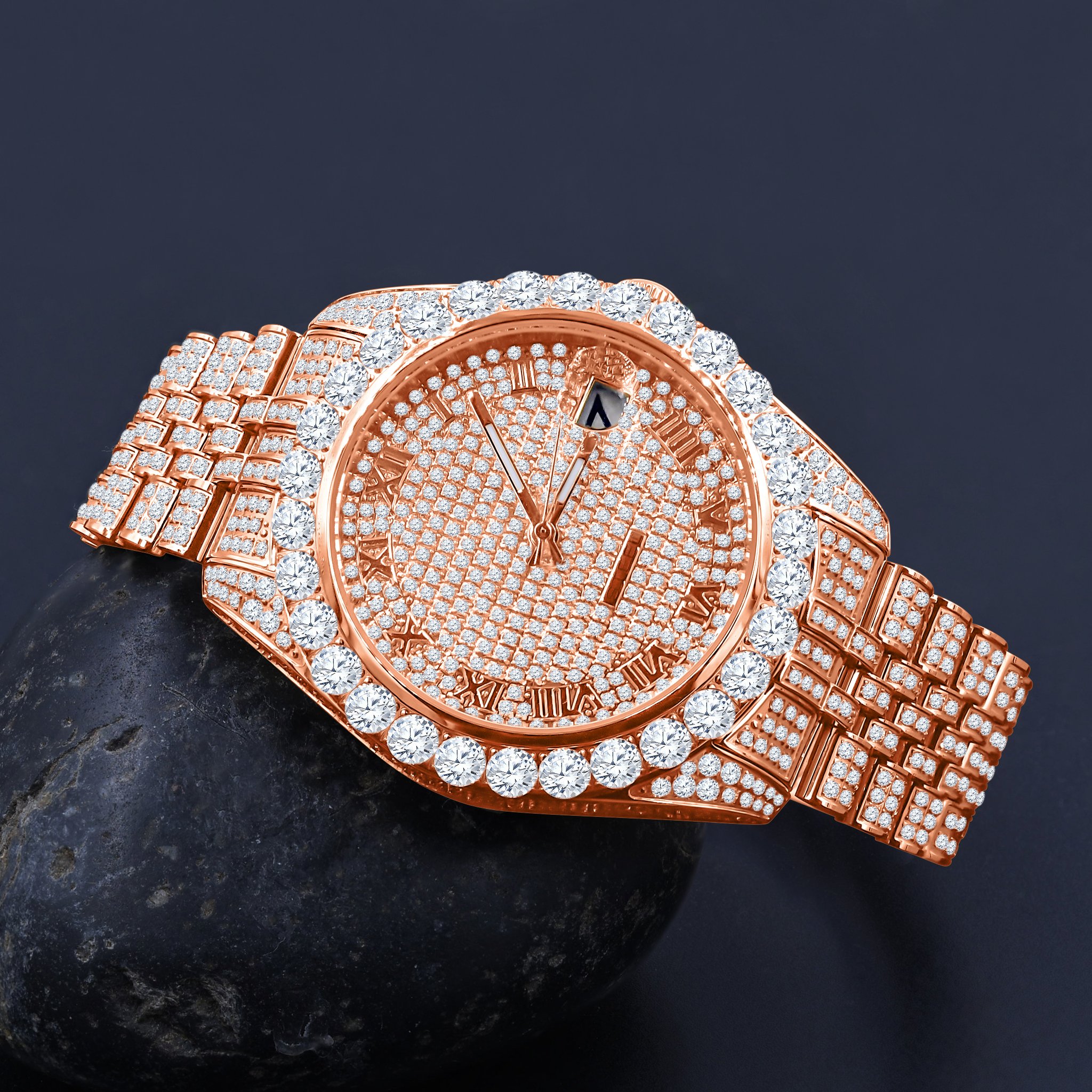 METEORITE Steel Watch featuring a fully iced dial and bezel adorned with cubic zircon stones, crafted from durable stainless steel.