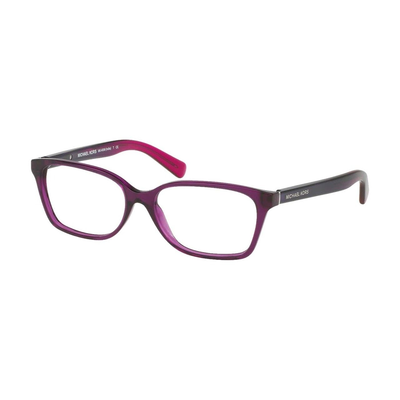 Michael Kors MK 4039-3222 Transparent Purple Rectangular Women's Eyeglasses showcasing a stylish full-rim design.