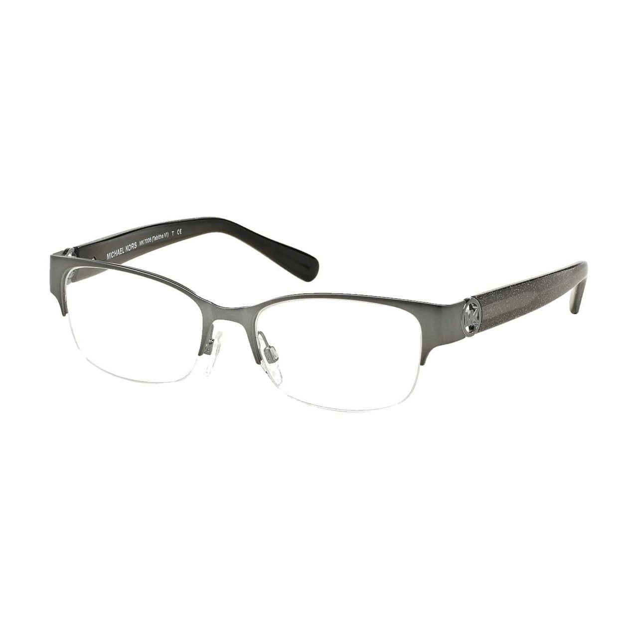 Michael Kors MK 7006-1075 Tabitha VI eyeglasses in satin gunmetal black glitter with square lenses.