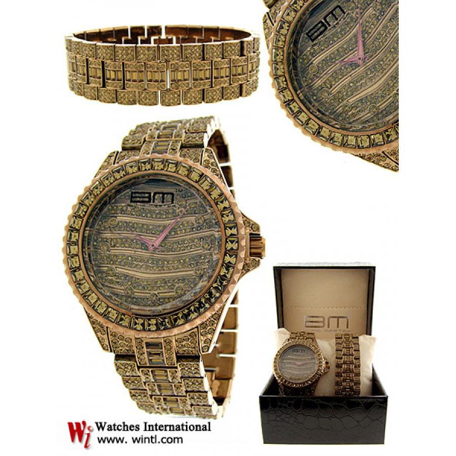 MONARCH Bling Master Watch Set featuring a luxury iced-out watch and bracelet with rhinestones and cubic zirconia in a wavy sea wave pattern.