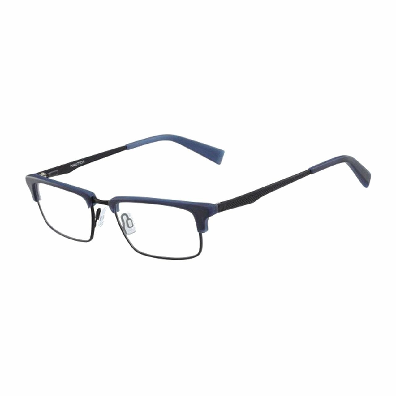Nautica N8123-325 Matte Navy Rectangular Men's Acetate Eyeglasses displayed with a stylish case and paperwork.