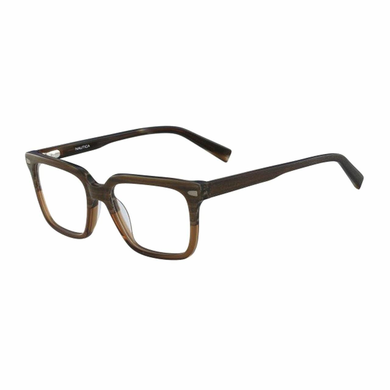 Nautica N8130-219 Wood Brown Square Unisex Plastic Eyeglasses displayed with a stylish design and full-rim frame.