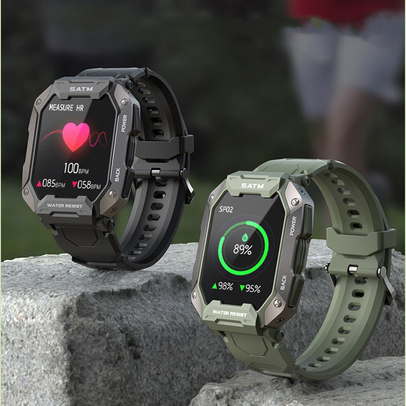 New 5ATM Waterproof Smart Watch with a sleek design and silicone wristband, showcasing its high-definition screen and features.