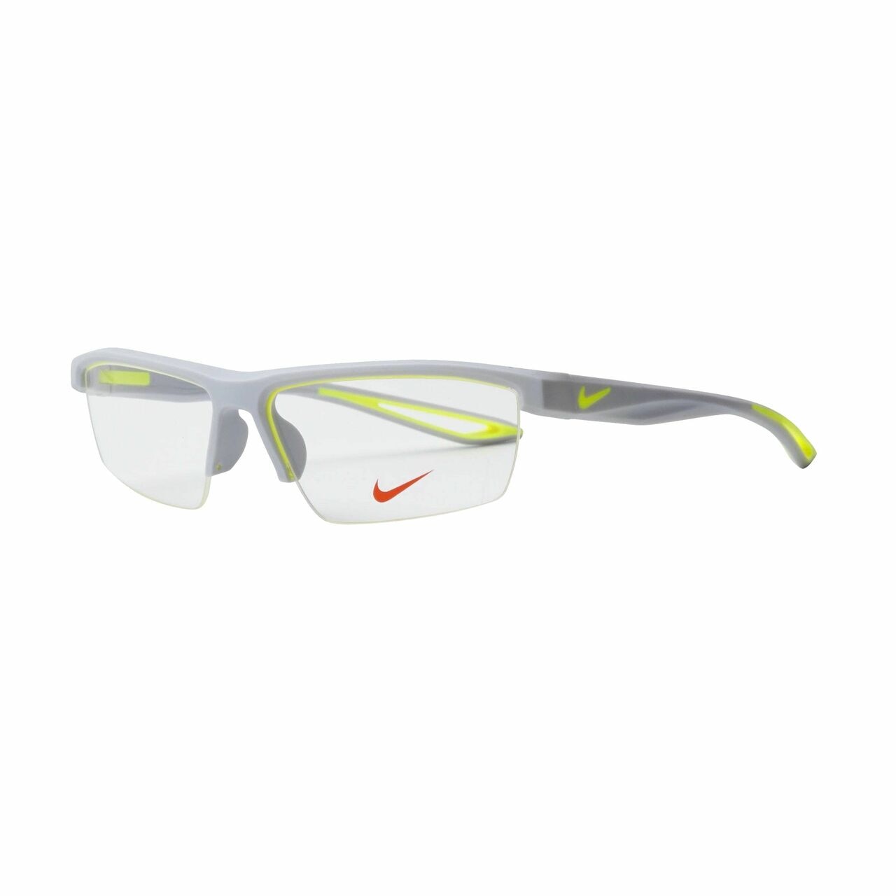 Nike 7079-040 Pure Platinum Rectangular Men's Plastic Eyeglasses with a stylish half-rim design, perfect for modern fashion.