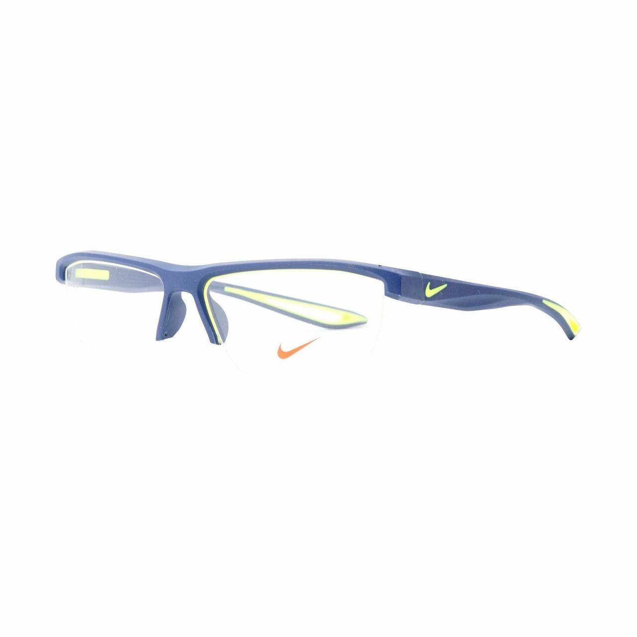 Nike 7079-400 Obsidian Volt Rectangular Men's Plastic Eyeglasses showcasing a stylish half-rim design in a vibrant color.