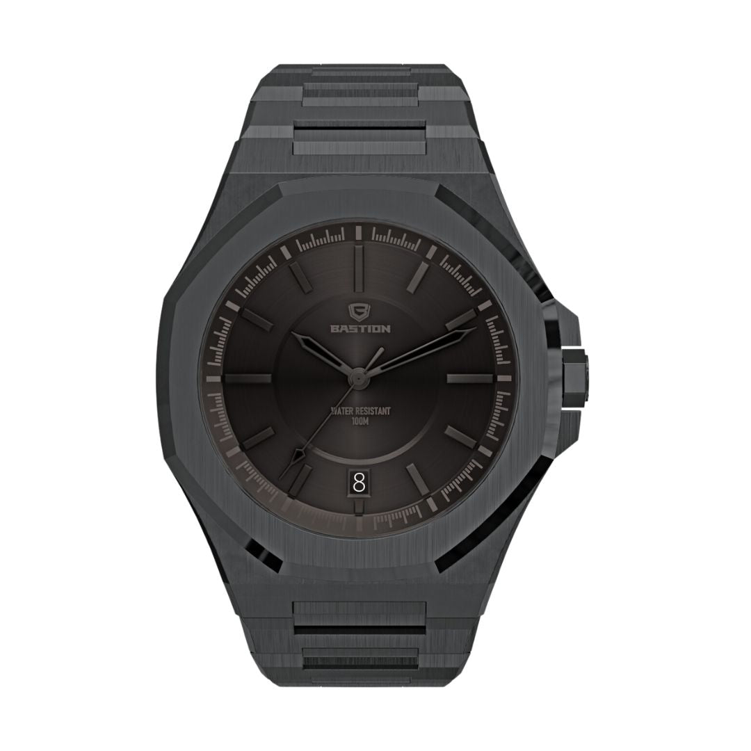 NOMAD Stainless Steel Automatic 42mm Watch with black dial and steel bracelet, showcasing its elegant design and durability.