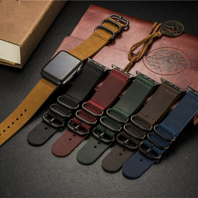 Nubuck Leather Three-Ring Pin Buckle Watch Strap in various colors, showcasing its elegant design and premium material.