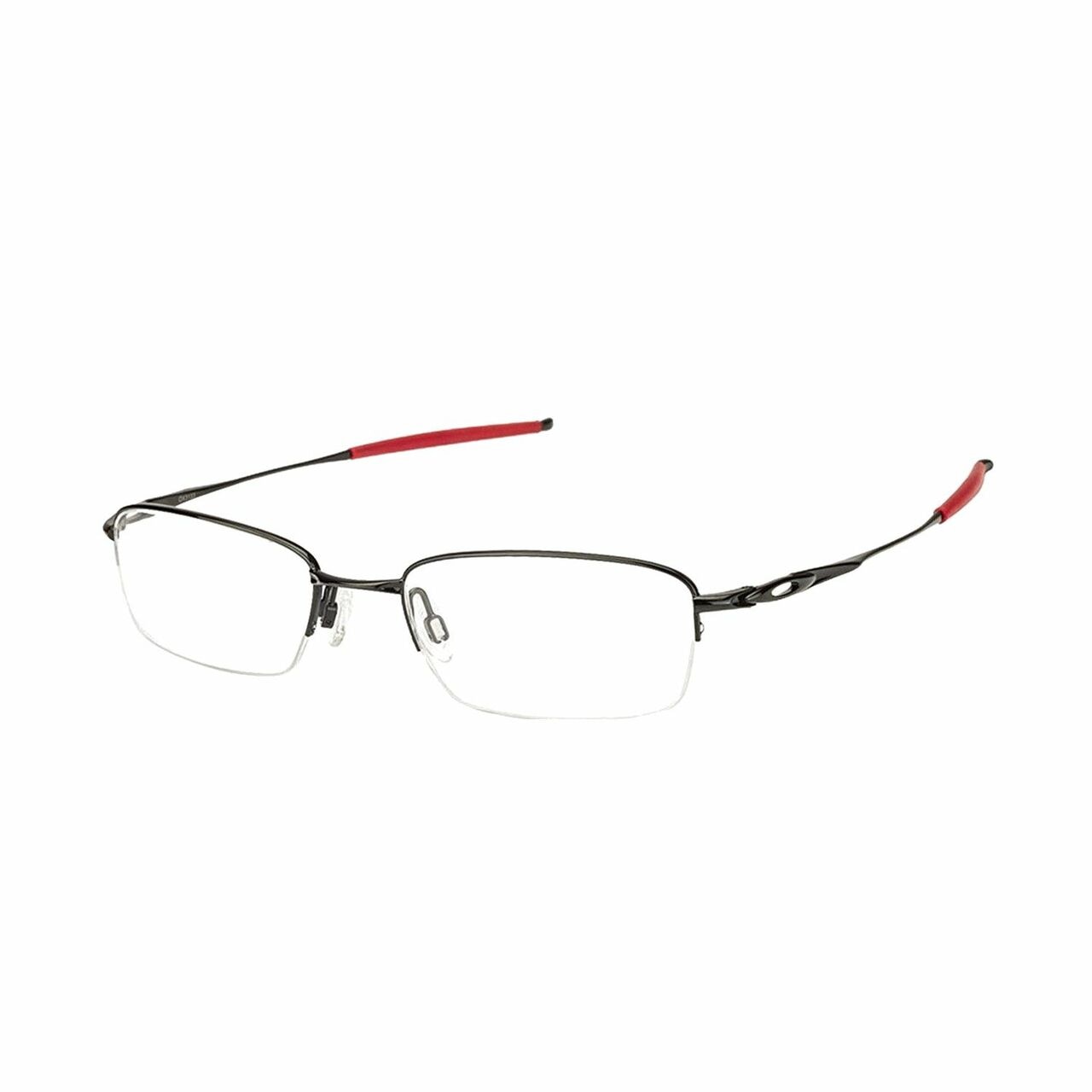 Oakley OX3133-0751 Top Spinner eyeglasses in polished black and red, featuring a rectangular metal frame.