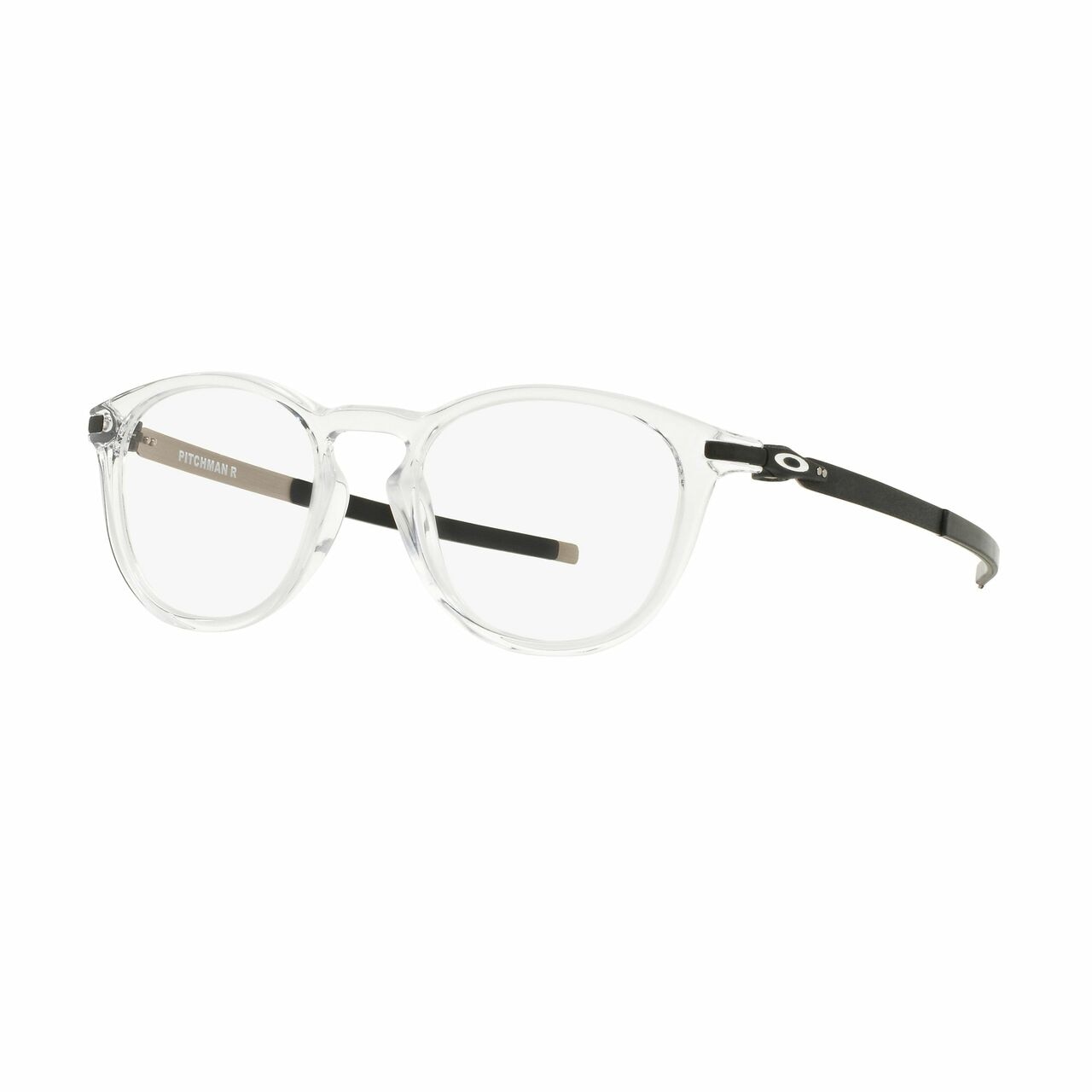 Oakley OX8105-0450L Pitchman R Clear Round Men's Plastic Eyeglasses with a stylish clear frame and rounded lenses.