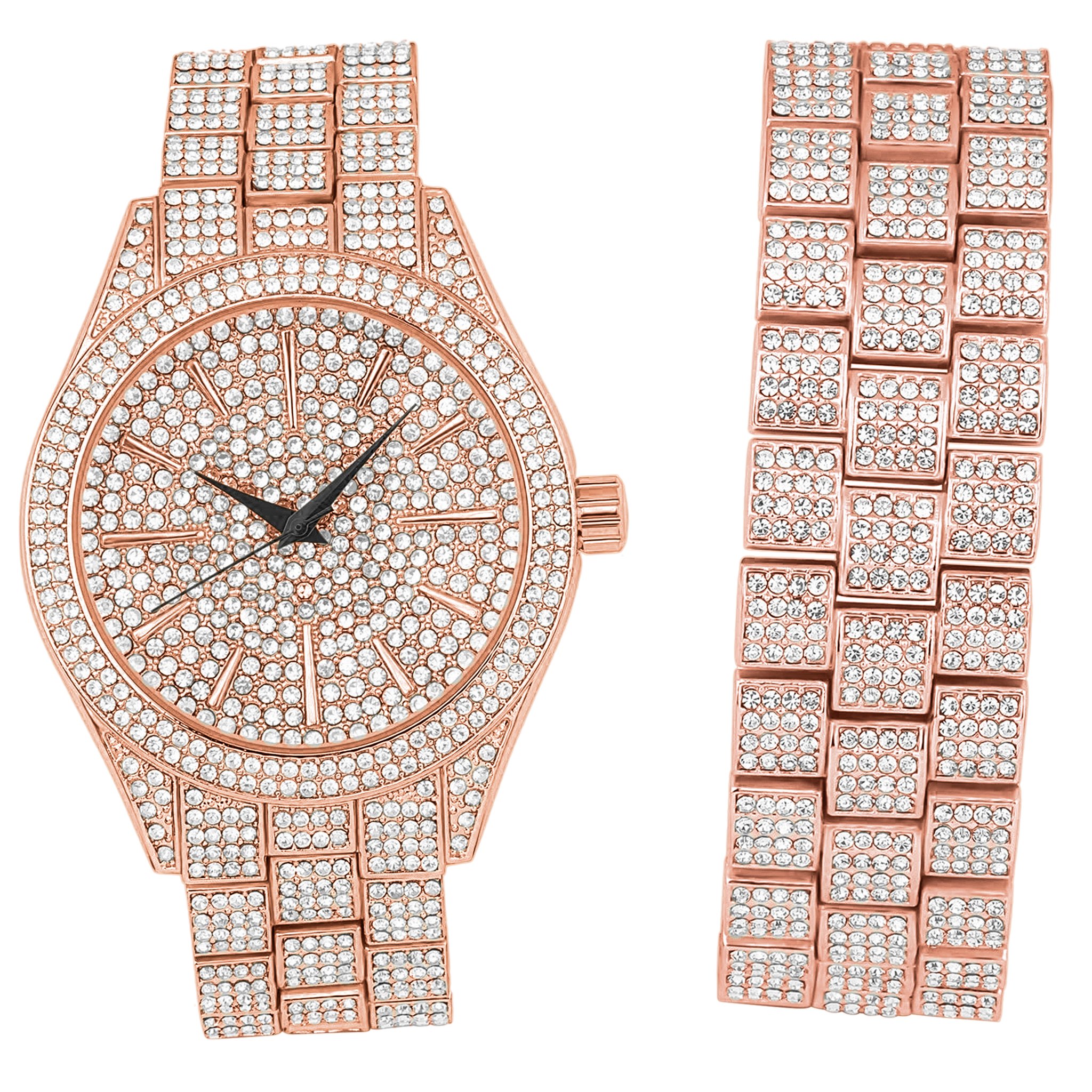 PANTHEON Ice Master Watch Set featuring a luxury iced out watch and matching bracelet with rhinestone crystals and a dome-shaped crystal design.
