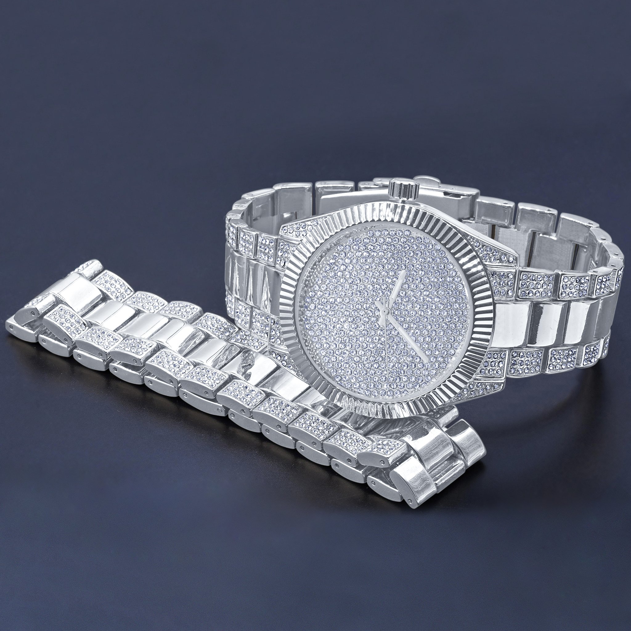 Personified Ultra Bling Watch featuring a glimmering dial, polished metal border, and pave set gems, showcasing luxury and elegance.