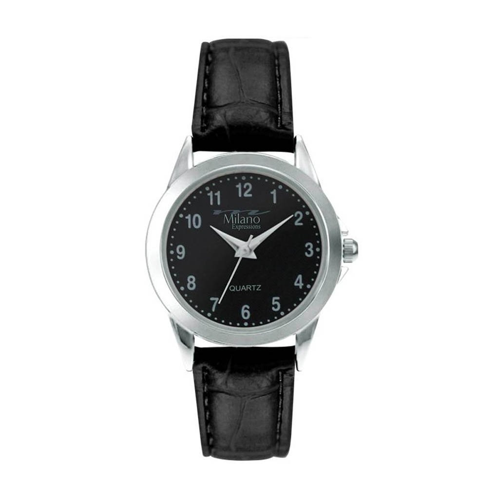 Pocatello watch featuring a black faux leather strap, silver alloy case, and white dial, showcasing its elegant design.