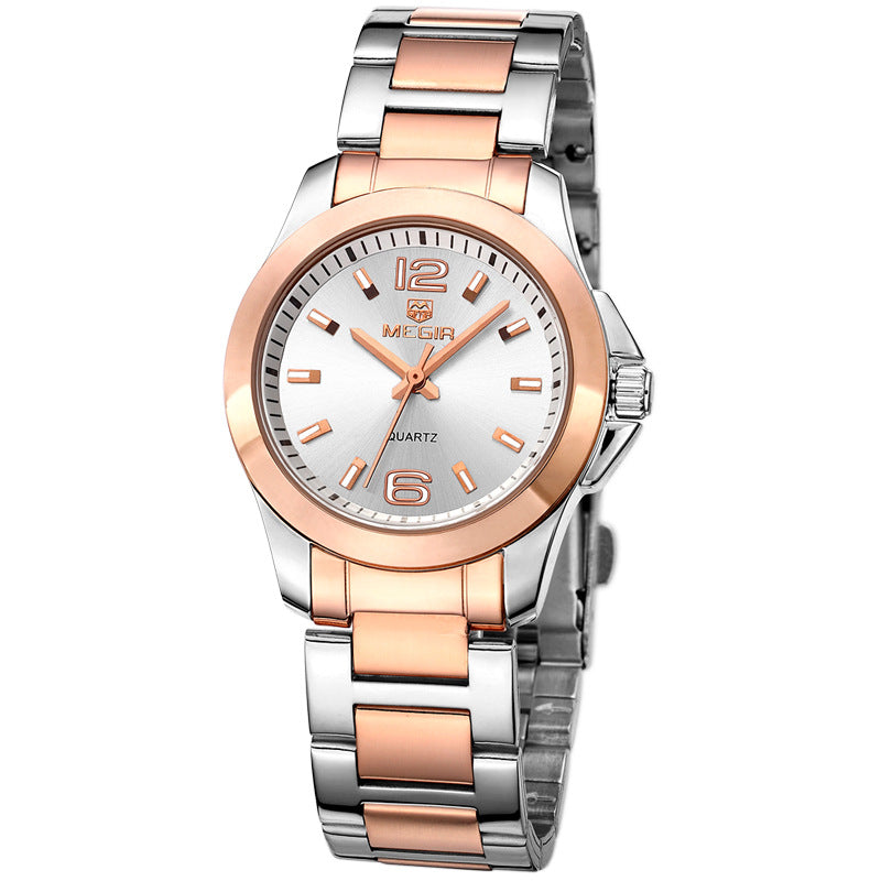 Quartz Steel Waterproof Casual Watch for Women featuring a round dial, stainless steel buckle, and stylish design suitable for everyday wear.