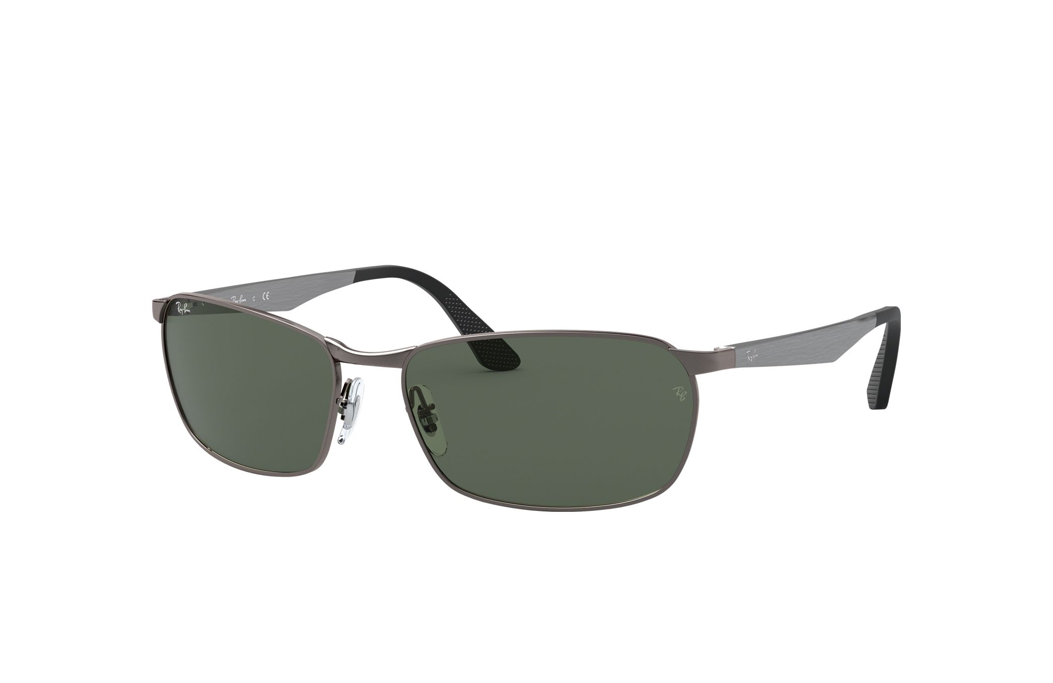Ray-Ban RB3534-004 unisex sunglasses featuring a polished gunmetal frame and green lenses, showcasing a classic rectangle design.