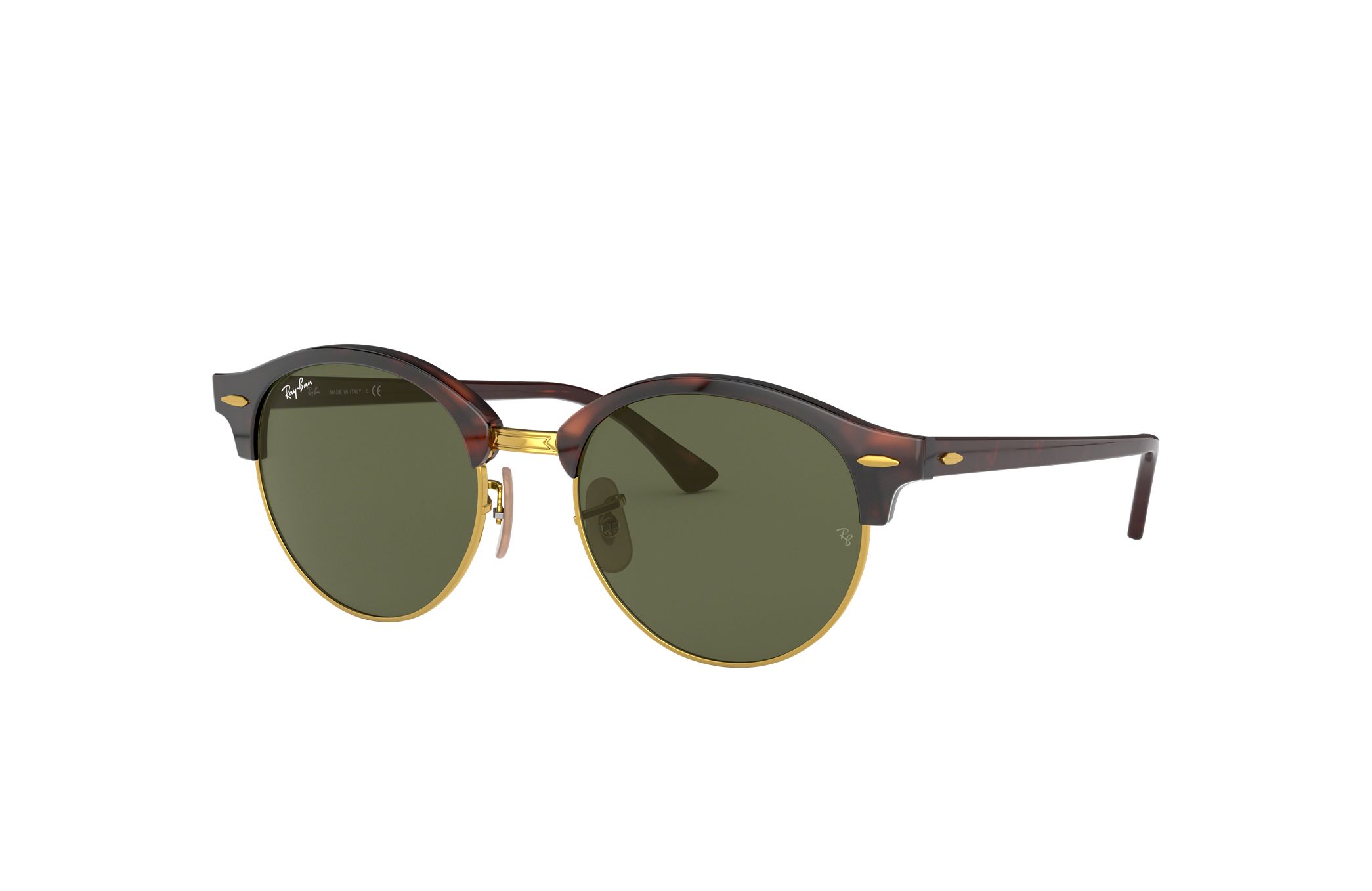 Ray-Ban RB4246F-990 Unisex Clubround Classic sunglasses with polished tortoise frame and green lenses, showcasing a stylish round design.