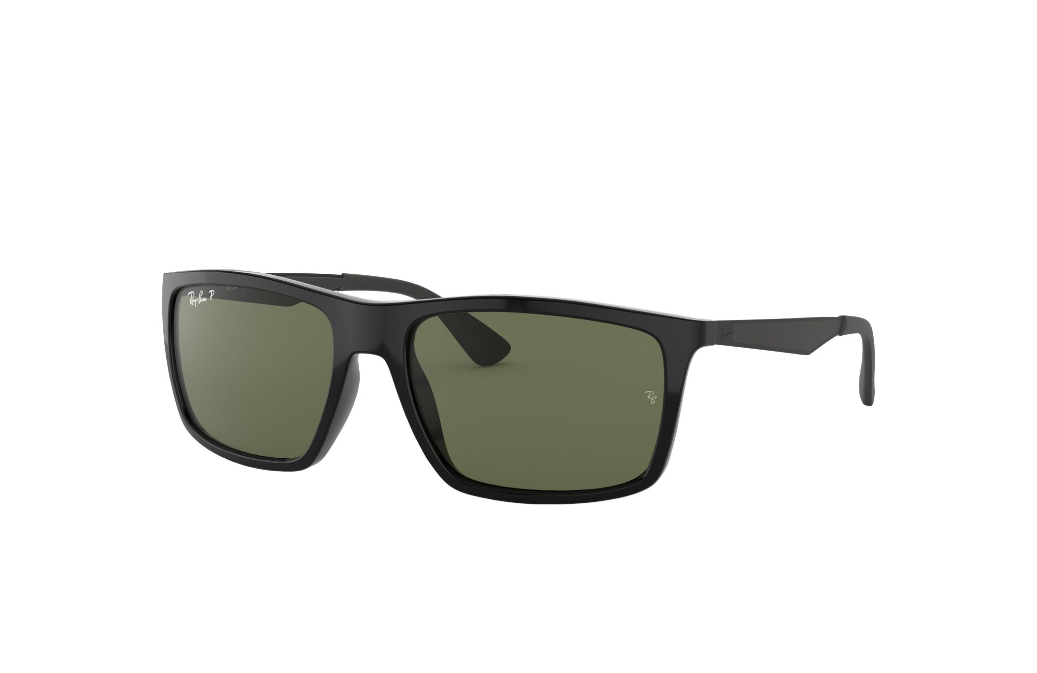 Ray-Ban RB4228-601/9A Unisex Gloss Black Square Green Lens Nylon Sunglasses displayed with case and cleaning cloth.